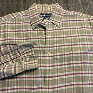 Polo Ralph Lauren Shirt Mens 16 1/2-35 Green‎ Purple Plaid Easter Dress Shirt